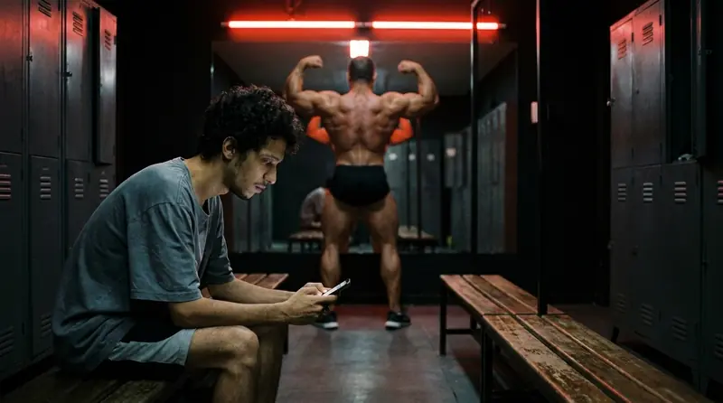 Rapaz magro no vestiário olhando o celular, com um fisiculturista ao fundo