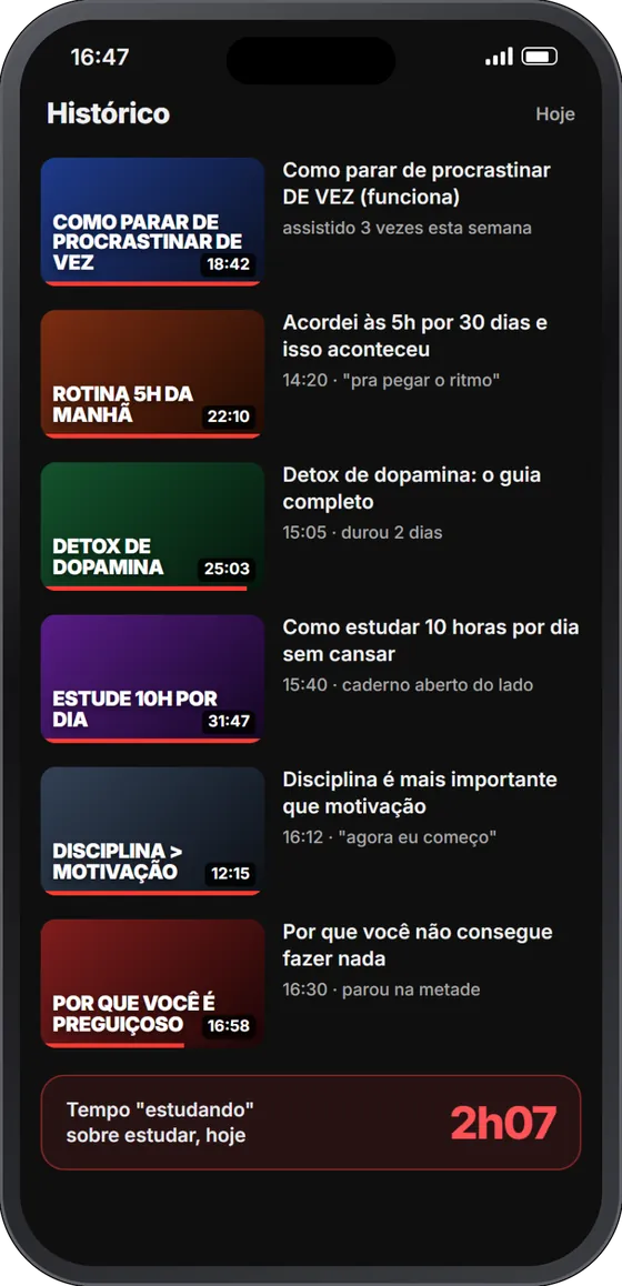 Histórico de vídeos: como parar de procrastinar, rotina das 5h, detox de dopamina