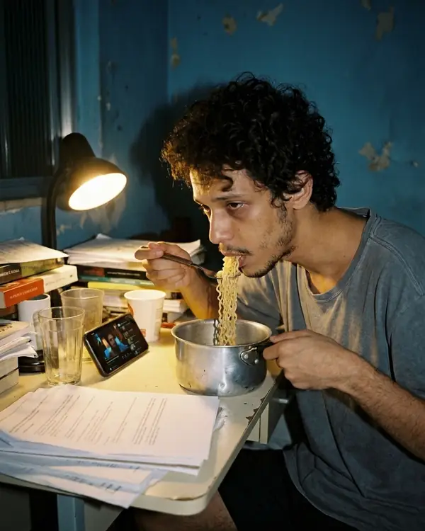 Rapaz comendo miojo na panela, de noite