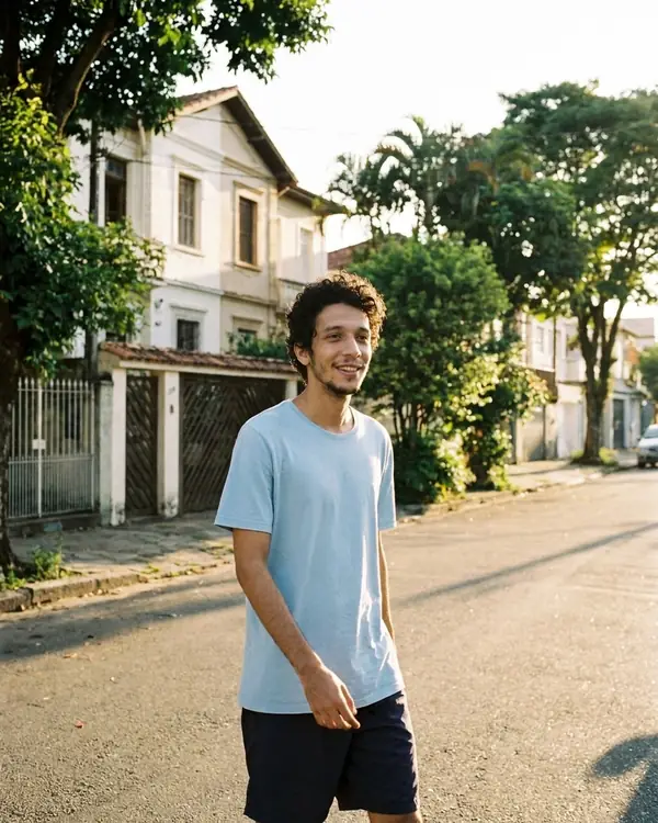 Rapaz andando na rua no fim da tarde