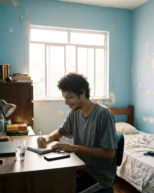 Rapaz escrevendo no caderno de manhã, sorrindo