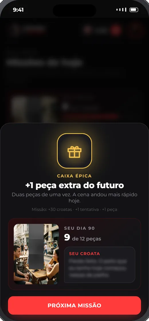 Caixa surpresa aberta depois de uma missão, com a peça do Dia 90
